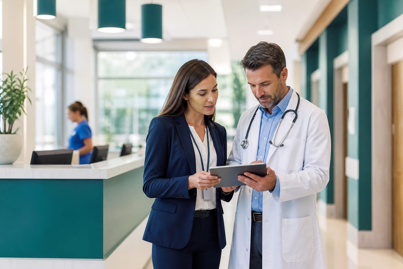 Clinic team reviewing coordinated care on a tablet in a modern practice