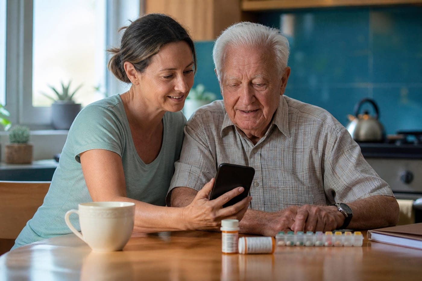 Adult child supporting a parent with care coordination at home